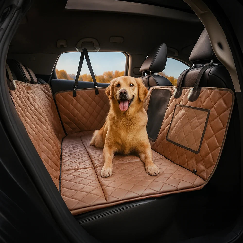 Faux Leather Dog Car Hammock – Waterproof Back Seat Cover with Mesh Window
