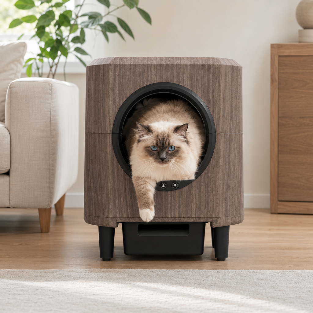 Self-Cleaning Cat Litter Box with App Control – Luxury Wood-Look Design