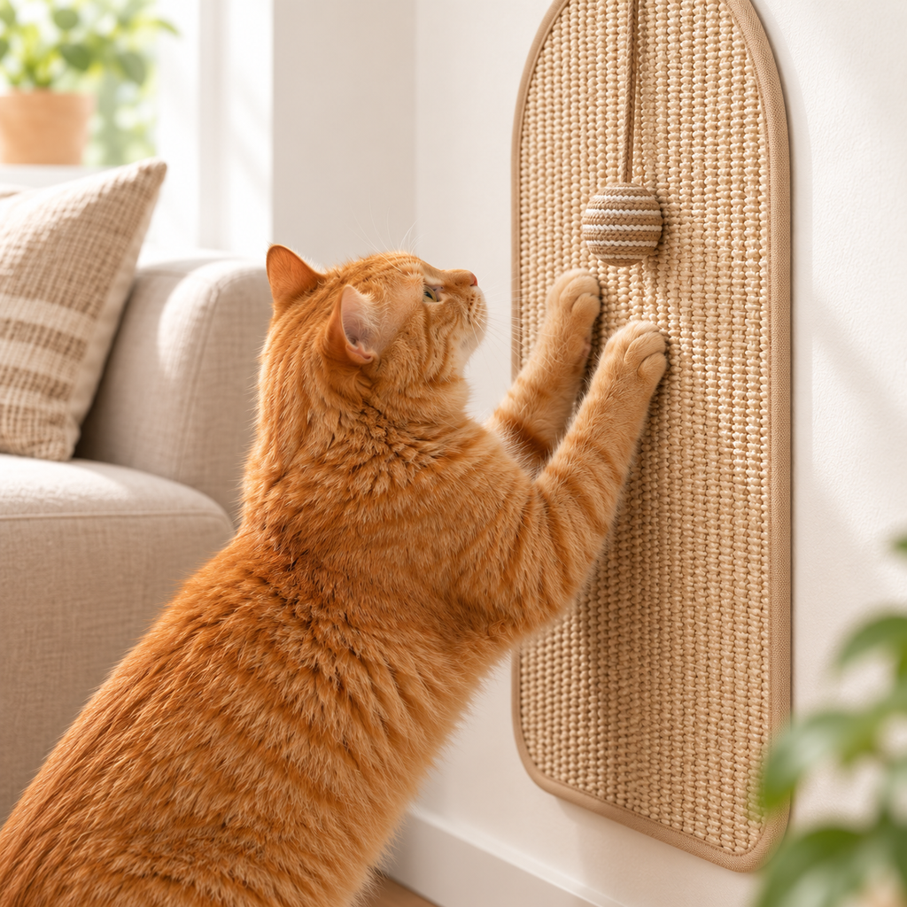 Cat Wall Scratcher for Indoor Cats & Kittens – Self Adhesive Cat Scratching Mat with Hanging Ball, Vertical Wall Scratch Pad Furniture Protector