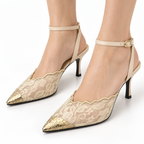 Lace Slingback Heels – Pointed Toe Pumps with Gold Accent for Weddings & Evening