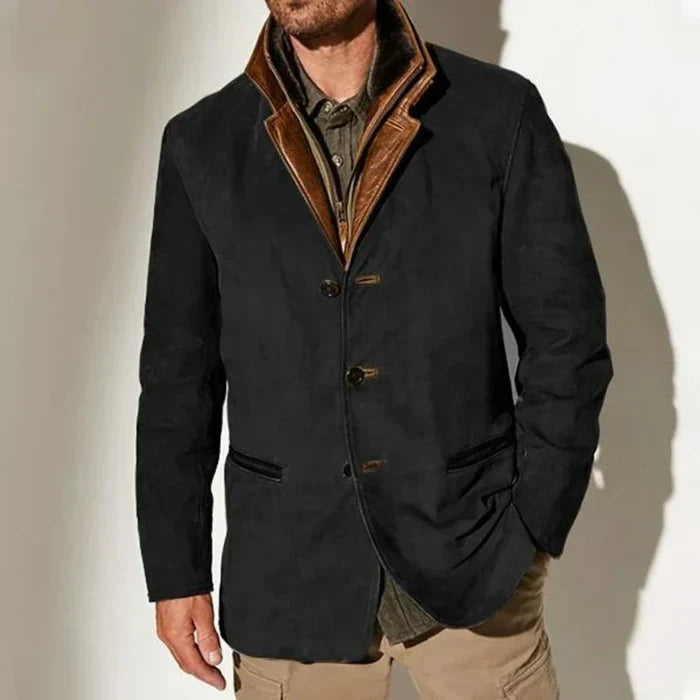 Men's Vintage Suede-Look Jacket, Layered Collar, Button Front