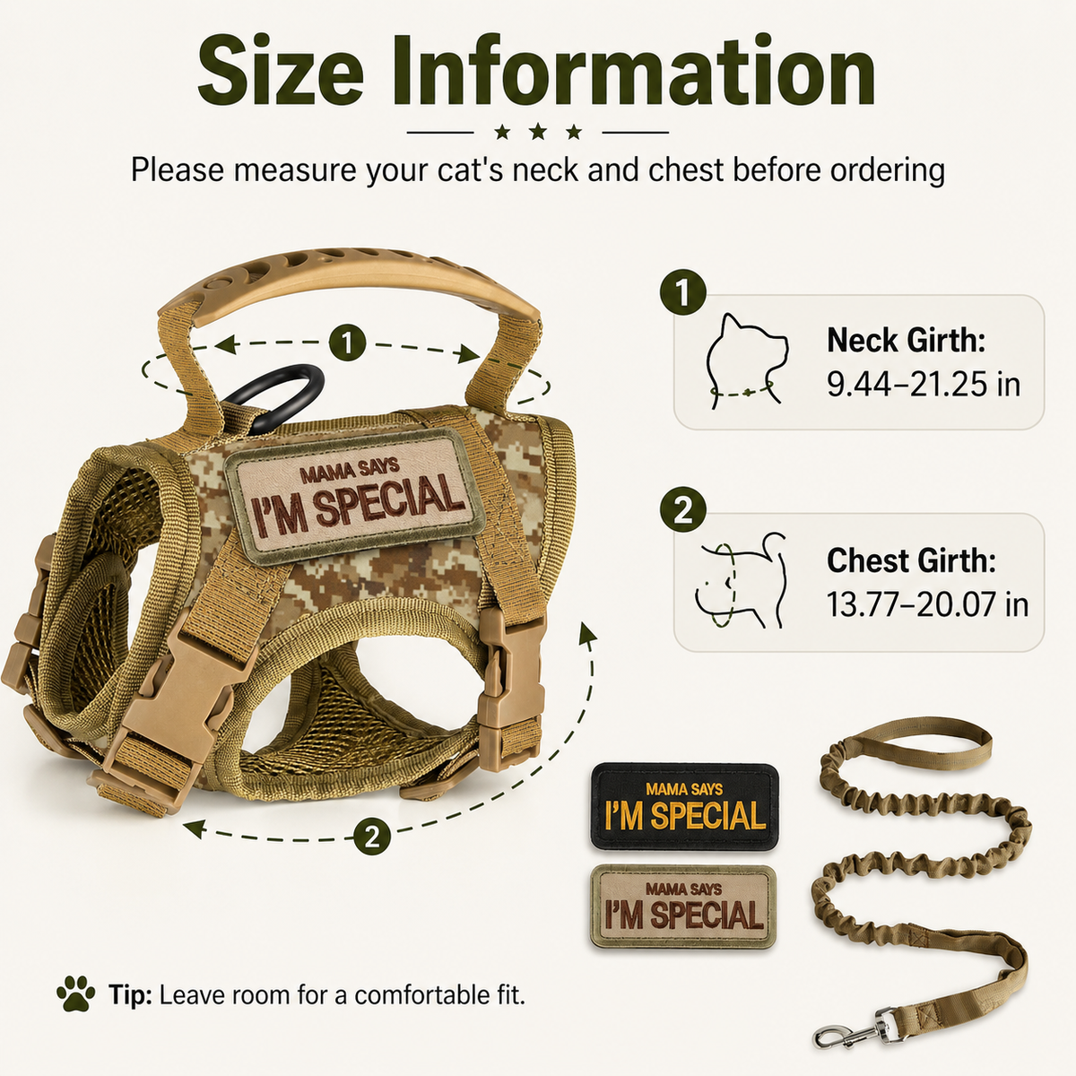 Tactical Cat Harness with Leash for Outdoor Walks, Adjustable Escape-Resistant Vest for Cats