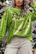 Women's Green Grinch Sequin Jumper, Crew Neck, Long Sleeves