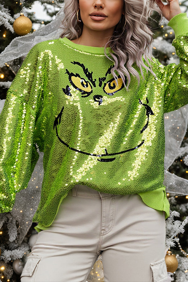 Women's Green Grinch Sequin Jumper, Crew Neck, Long Sleeves