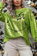 Women's Green Grinch Sequin Jumper, Crew Neck, Long Sleeves