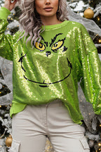 Women's Green Grinch Sequin Jumper, Crew Neck, Long Sleeves