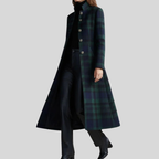 Women's Plaid Long Coat, Button Front, Long Sleeves