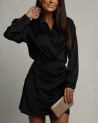 Women's Satin Wrap Mini Dress, Long Sleeves, Collared