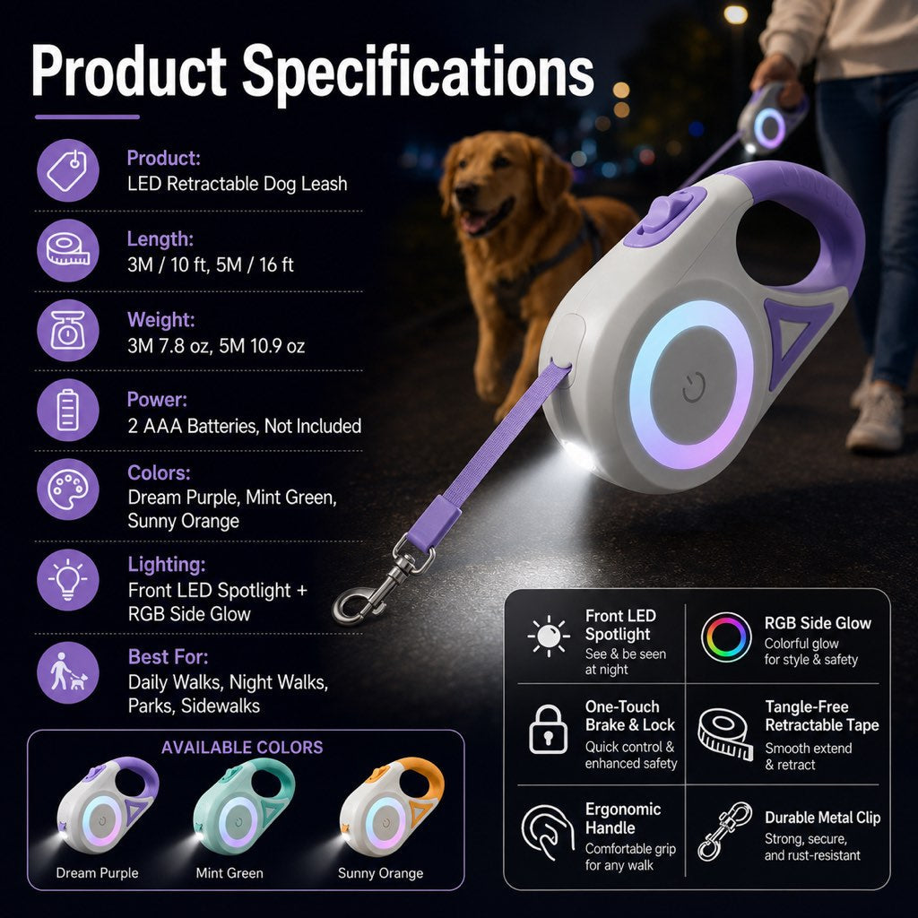 LED Retractable Dog Leash for Night Walks - Light-Up Dog Leash with Built-In Spotlight, RGB Side Glow & One-Touch Brake for Safer Evening Walks