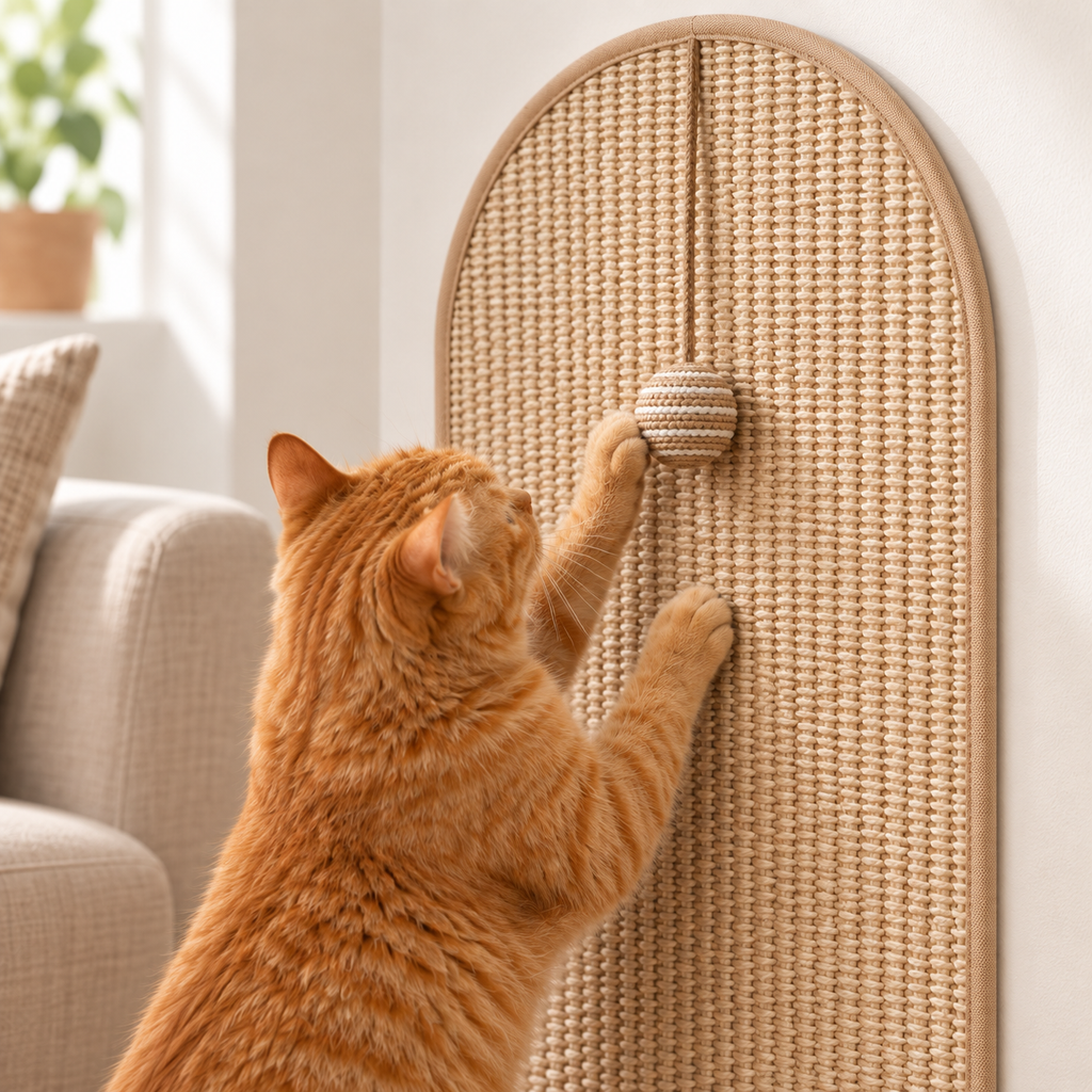 Cat Wall Scratcher for Indoor Cats & Kittens – Self Adhesive Cat Scratching Mat with Hanging Ball, Vertical Wall Scratch Pad Furniture Protector