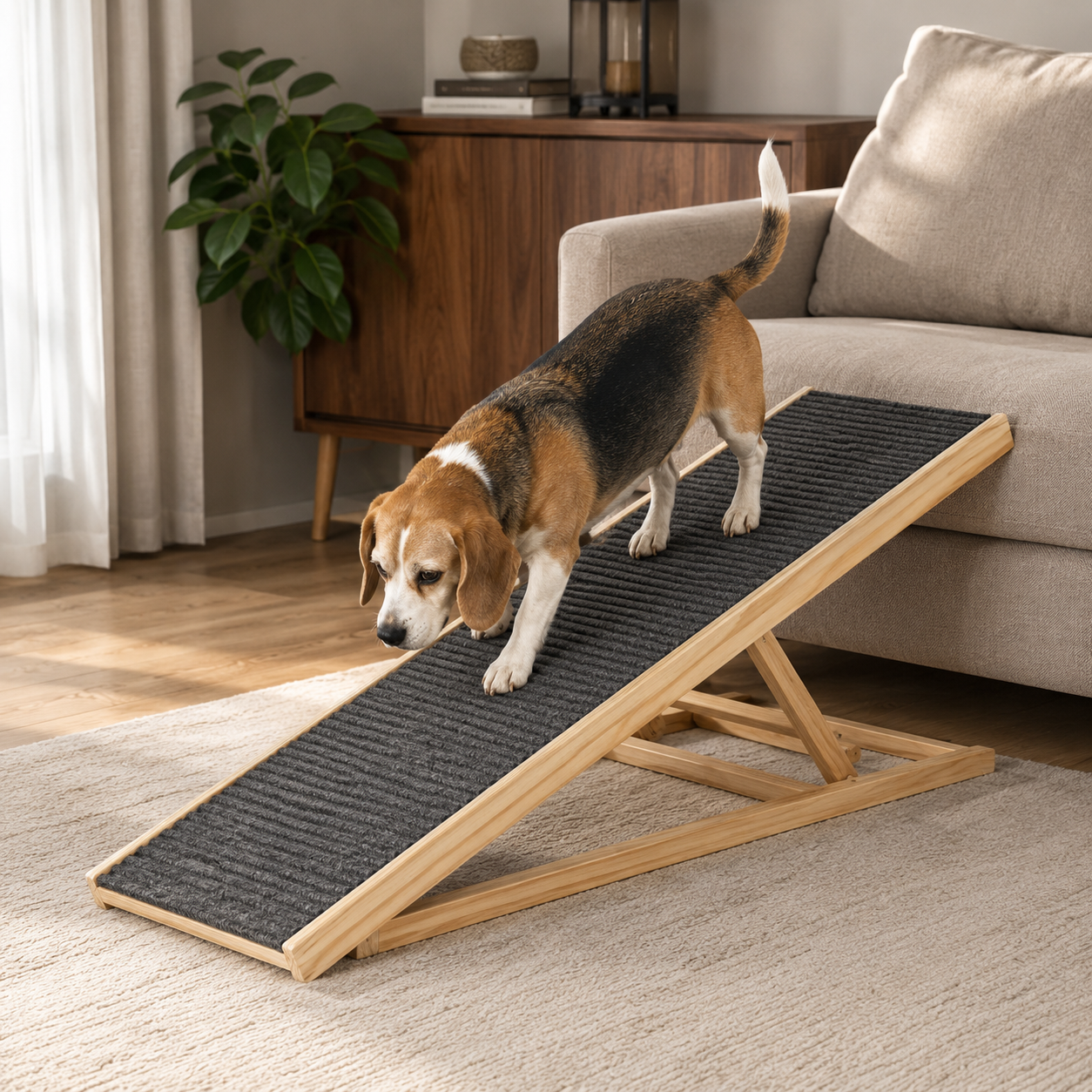 Adjustable Wooden Dog Ramp for Bed, Couch & Car – Foldable Non-Slip Pet Ramp for Small, Large & Senior Dogs, 132 lb Capacity