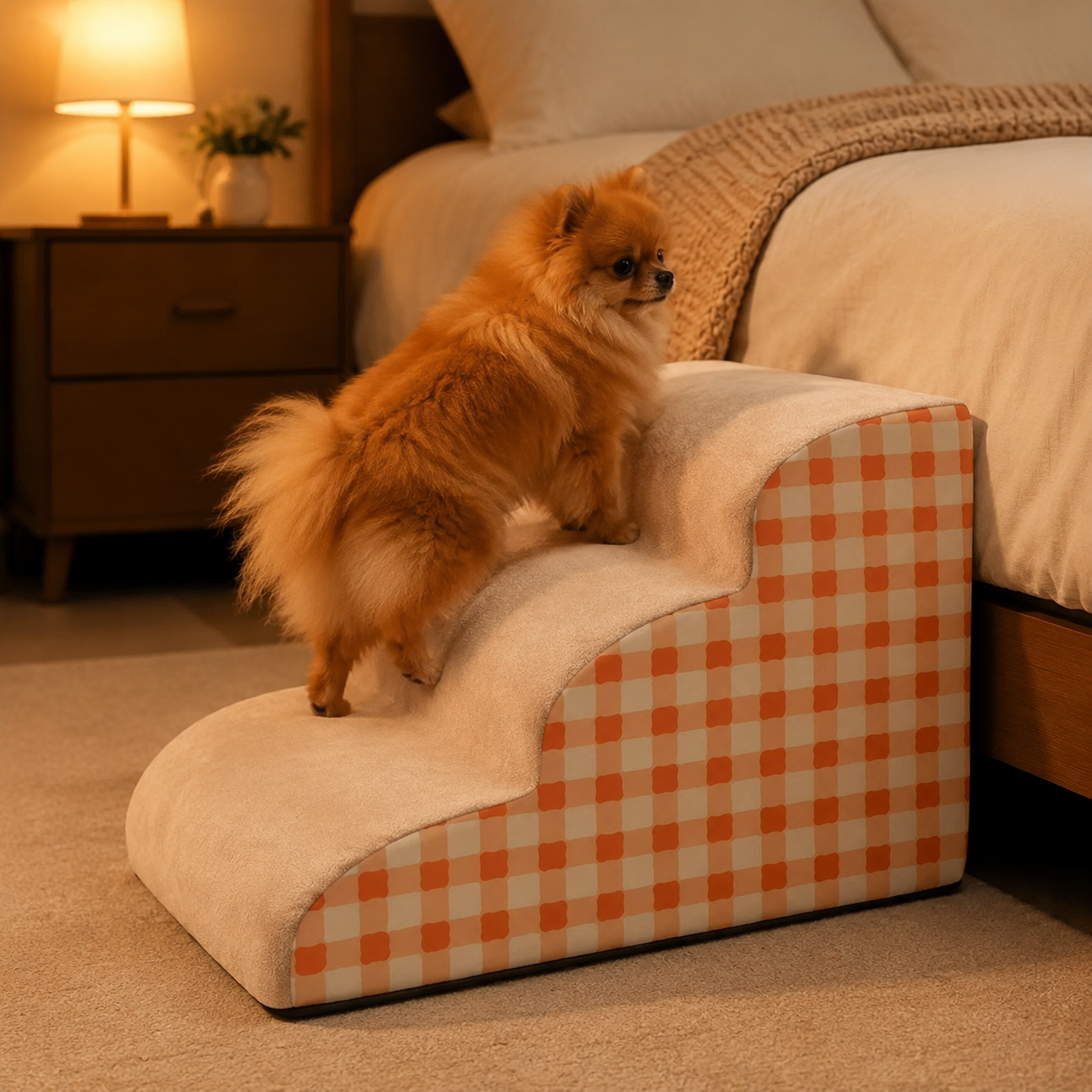 Dog Stairs for Bed & Couch - 2/3-Step Curved High-Density Foam Dog Steps with Non-Slip Bottom & Washable Cover for Small Dogs, Senior Pets & Cats