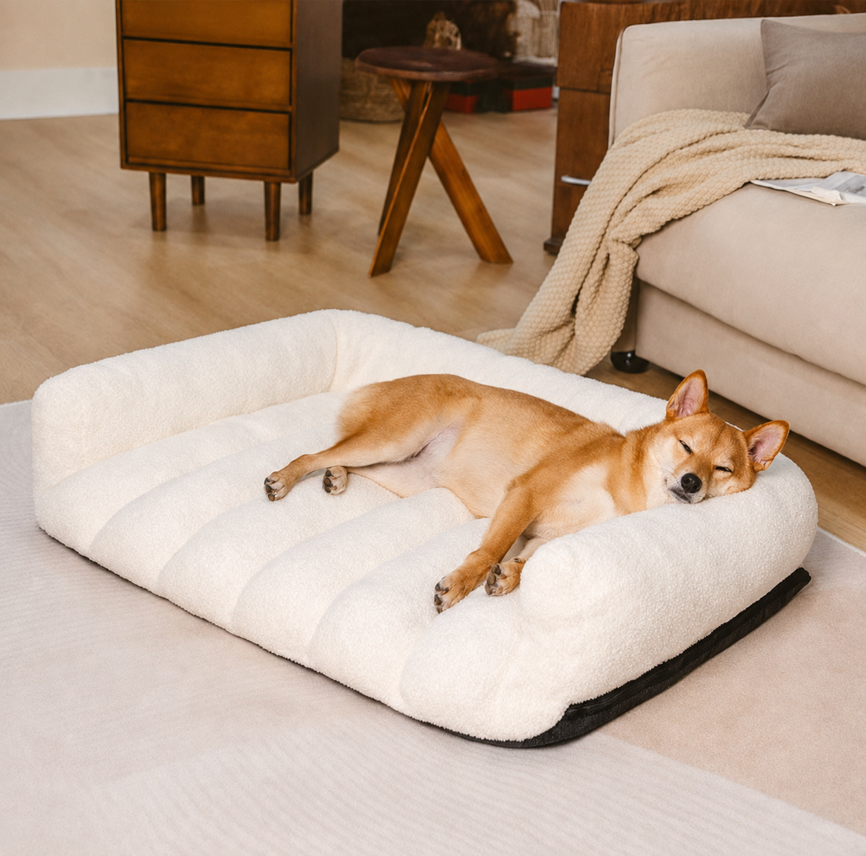 Orthopedic Dog Sofa Bed with Headrest – Teddy Fleece Bed for Large Breeds
