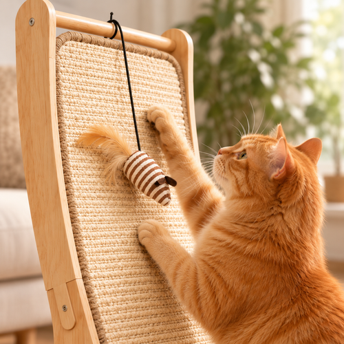 Cat Scratching Post for Indoor Cats – Wooden Cat Scratcher Board with Hanging Toy