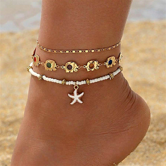 Solara Beach Charm Layered Anklet Set