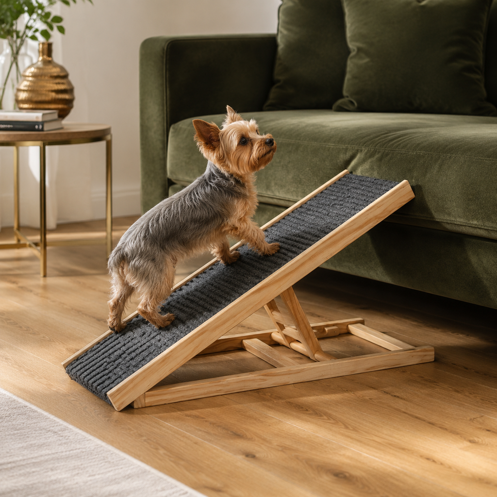 Adjustable Wooden Dog Ramp for Bed, Couch & Car – Foldable Non-Slip Pet Ramp for Small, Large & Senior Dogs, 132 lb Capacity