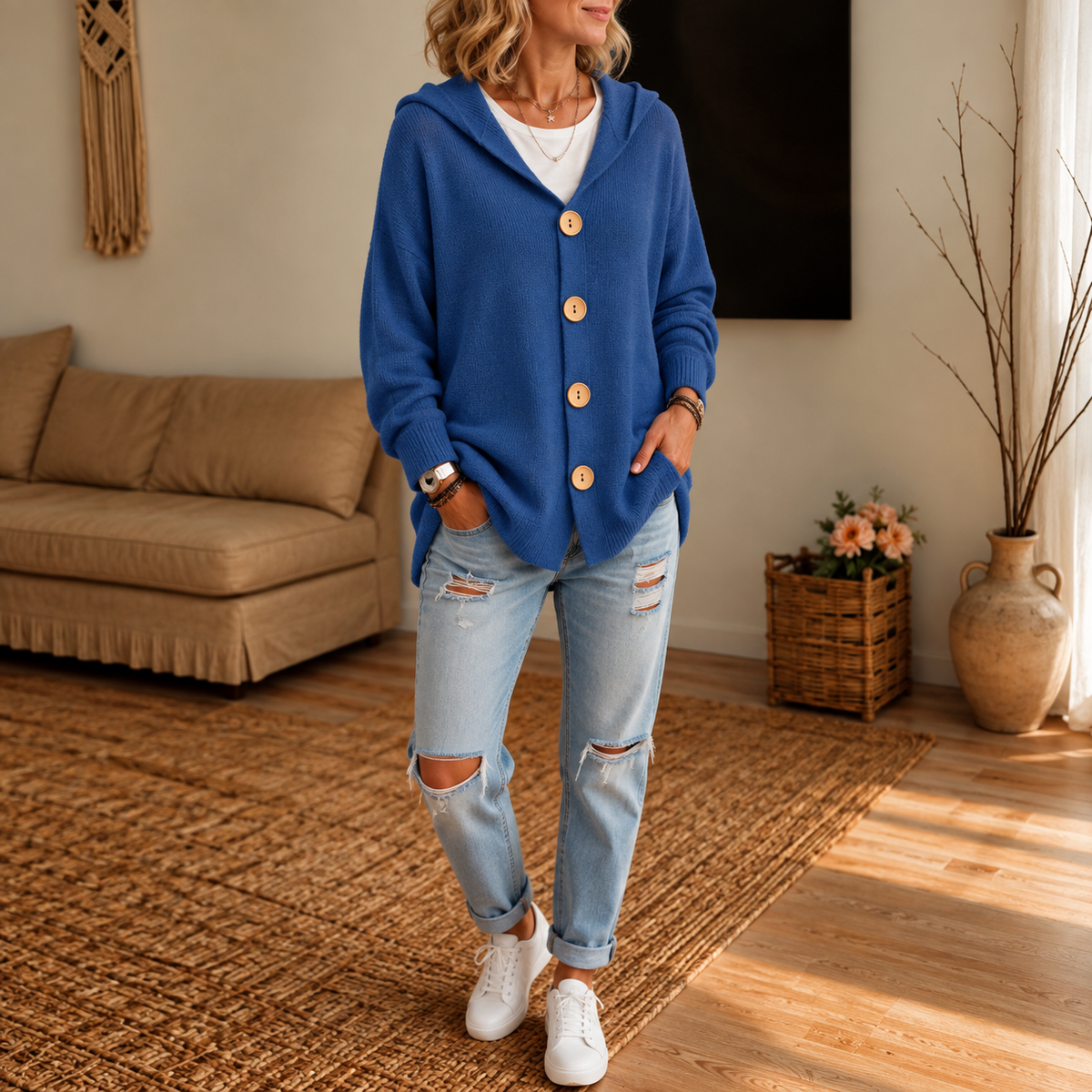Wearbella – Hooded Waffle-Knit Button-Front Cardigan