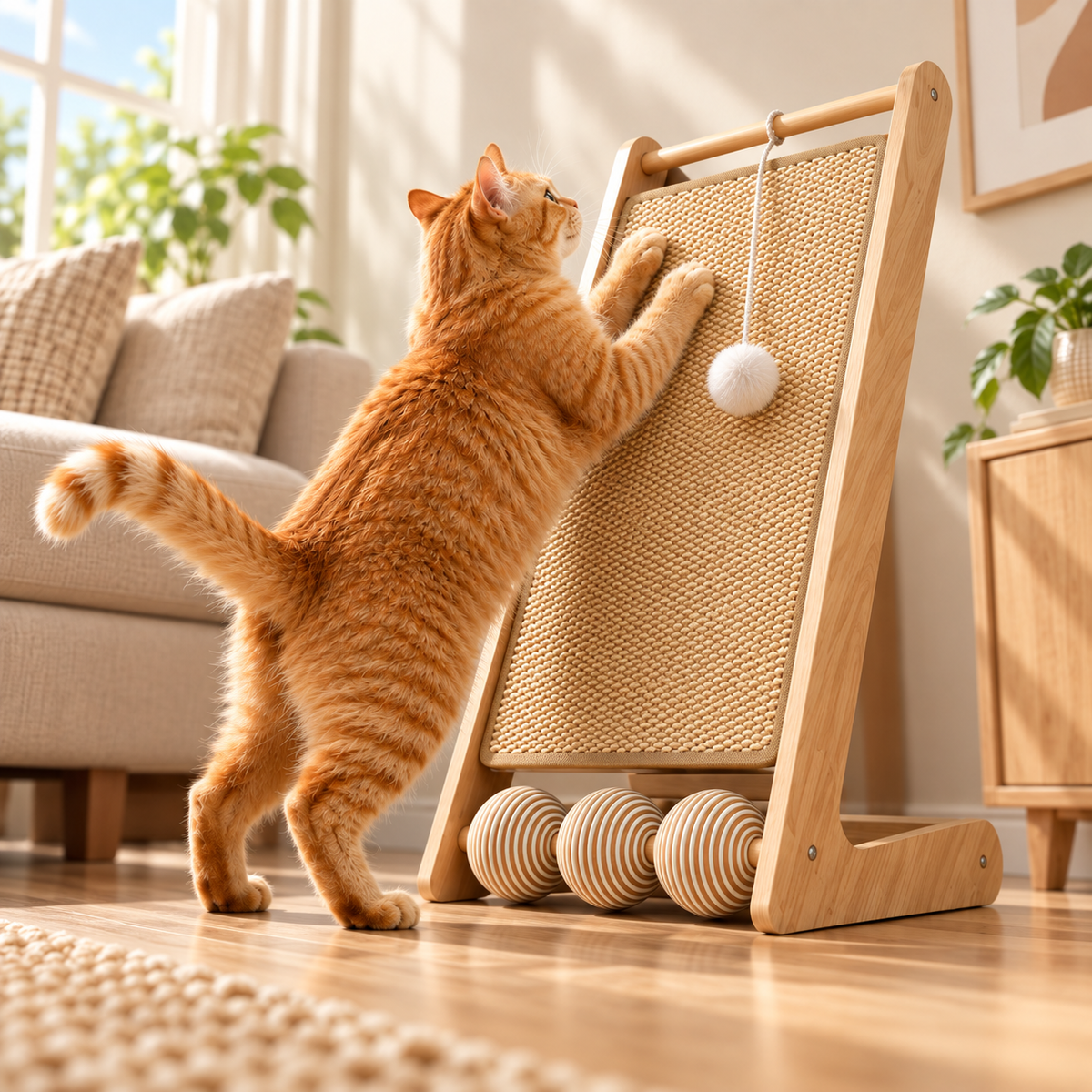 Cat Scratching Post for Indoor Cats  Inclined Wooden Cat Scratcher Board with Sisal Scratch Pad, Hanging Toy and Rollers