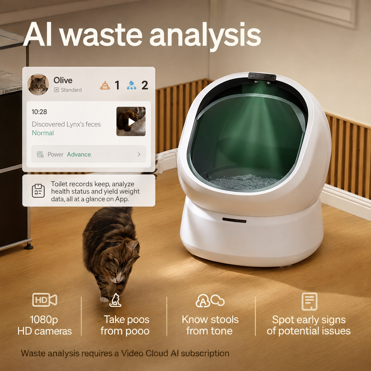 Smart Cat Automatic Self-Cleaning Litter Box with AI Waste Analysis | Odor Control & Multi-Cat Tracking for Health Monitoring