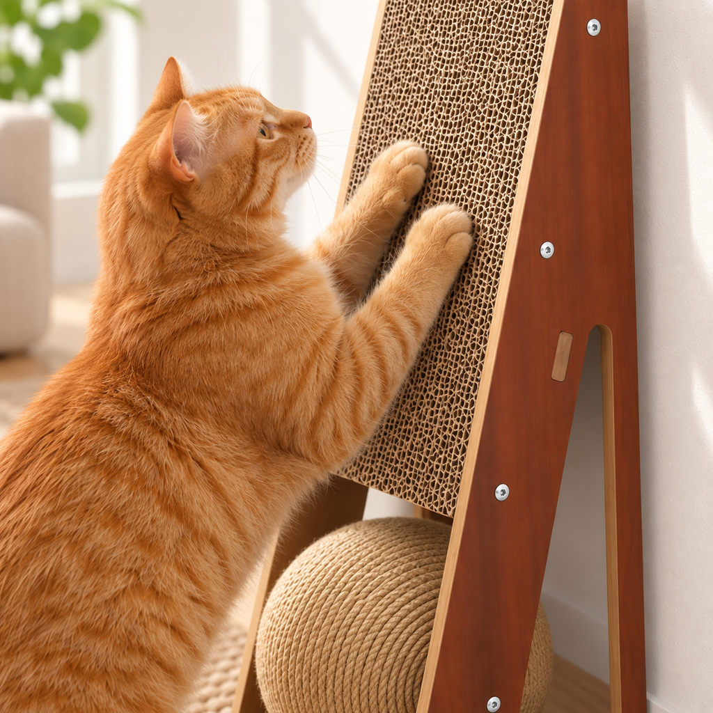 Kitten Scratching Board with Sisal Ball – Wooden Cat Scratcher for Indoor Cats, 2-in-1 Vertical & Flat Scratch Ramp