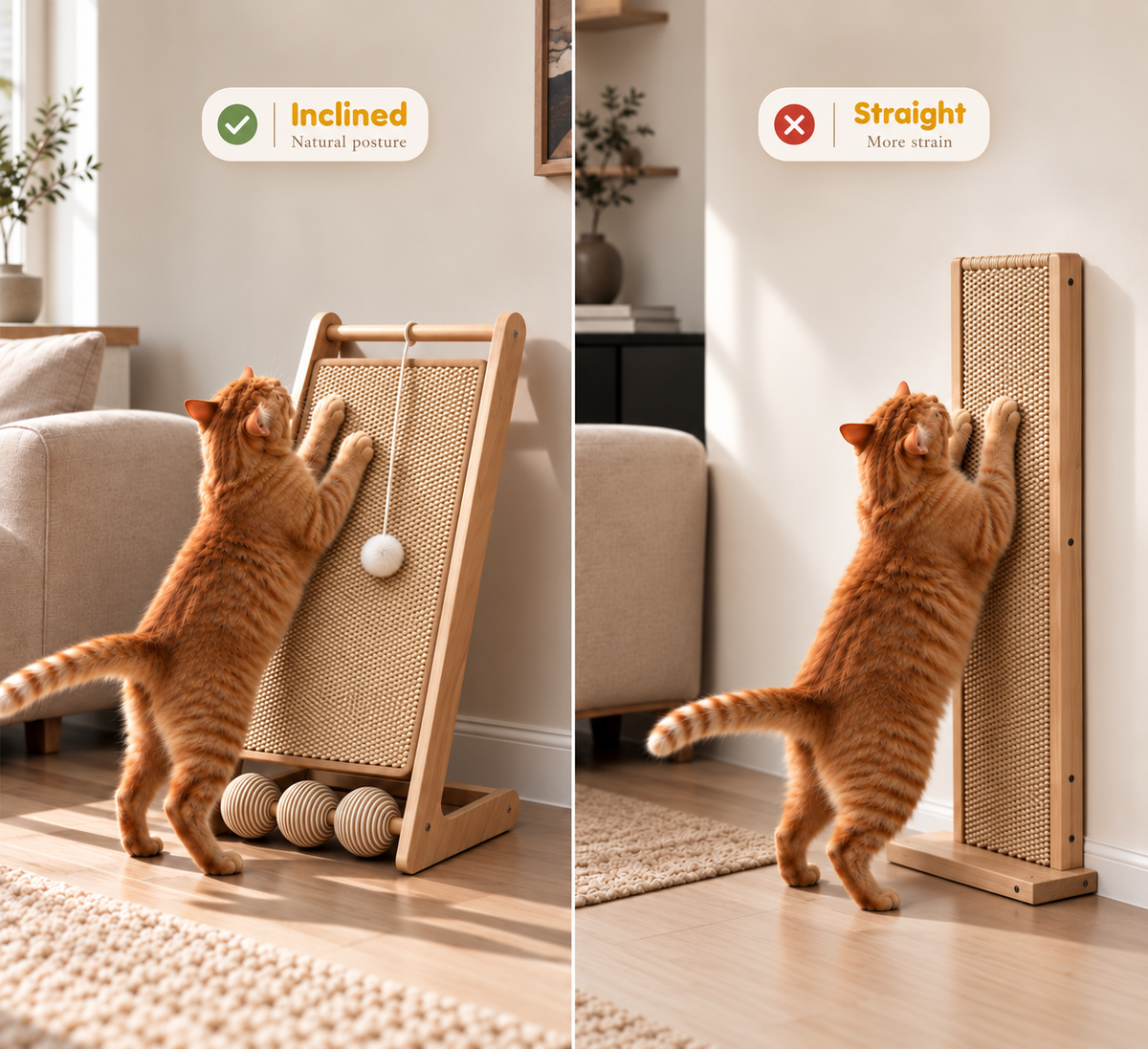 Cat Scratching Post for Indoor Cats  Inclined Wooden Cat Scratcher Board with Sisal Scratch Pad, Hanging Toy and Rollers