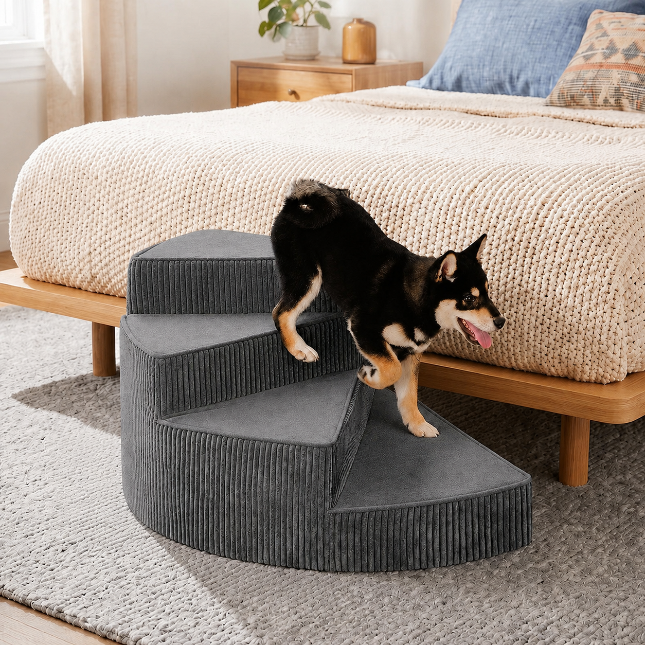Spiral Dog Stairs for Bed – Corduroy Corner Steps That Hug the Furniture