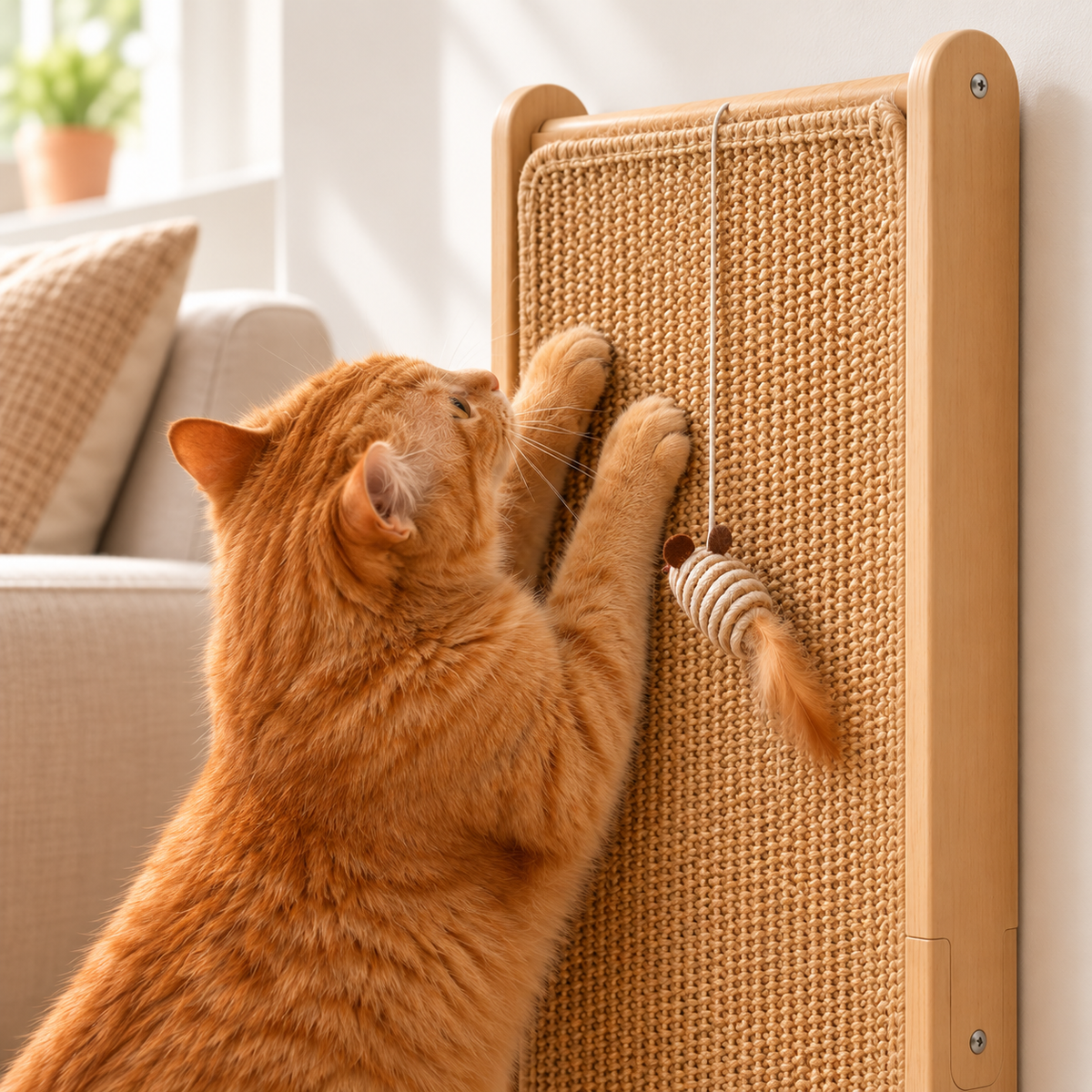 Cat Scratching Post for Indoor Cats Wooden Vertical Cat Scratcher Board with Hanging Toy
