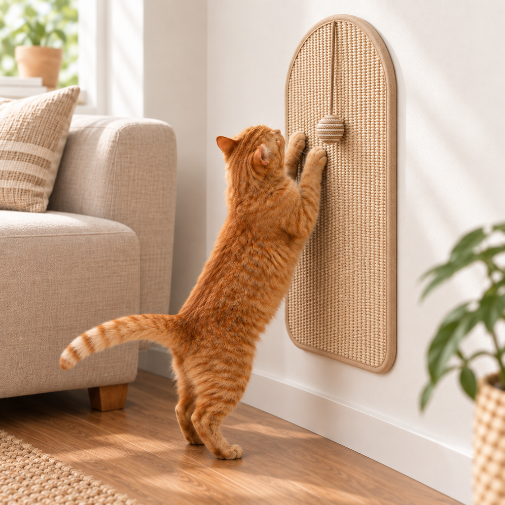 Cat Wall Scratcher for Indoor Cats & Kittens – Self Adhesive Cat Scratching Mat with Hanging Ball, Vertical Wall Scratch Pad Furniture Protector