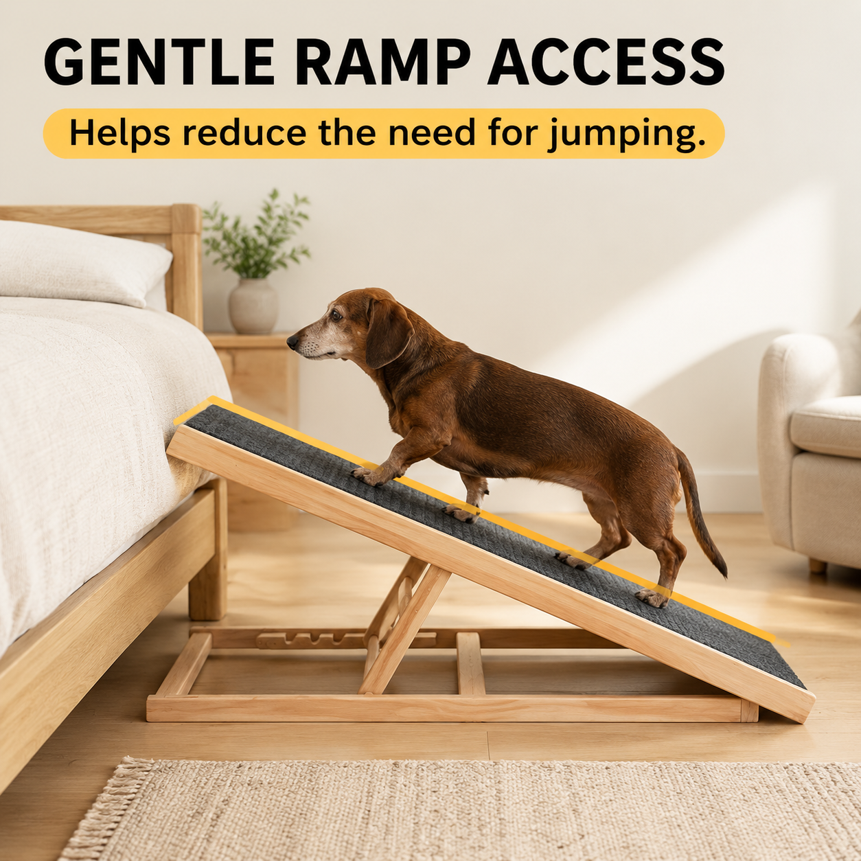 Adjustable Wooden Dog Ramp for Bed, Couch & Car – Foldable Non-Slip Pet Ramp for Small, Large & Senior Dogs, 132 lb Capacity