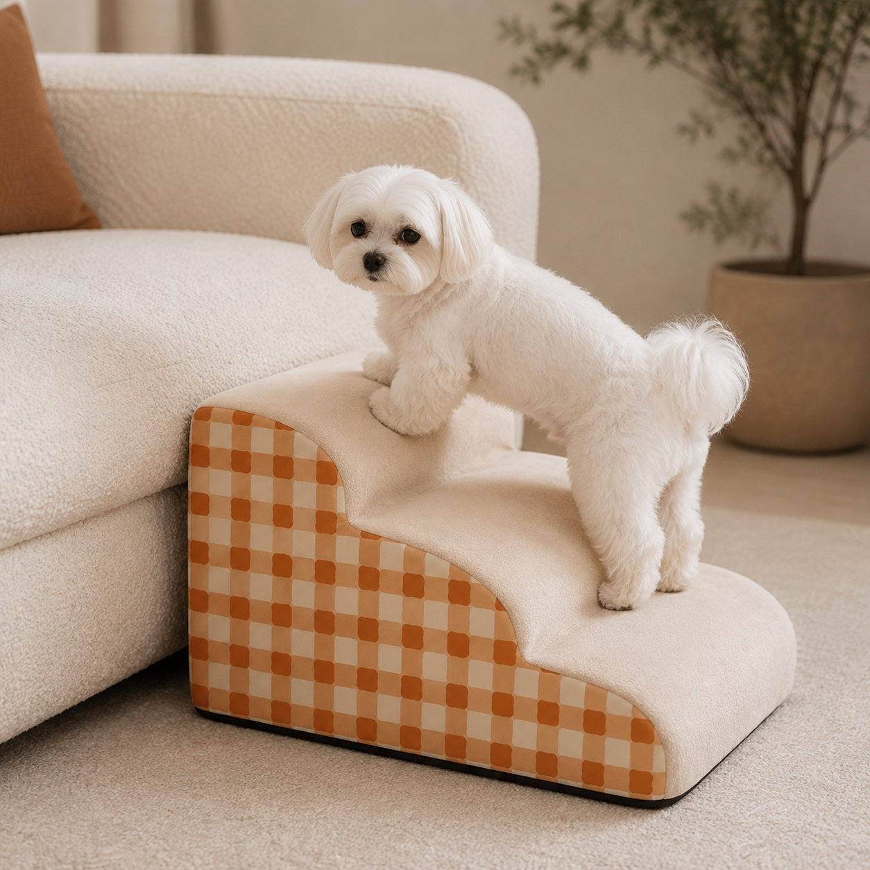Dog Stairs for Bed & Couch - 2/3-Step Curved High-Density Foam Dog Steps with Non-Slip Bottom & Washable Cover for Small Dogs, Senior Pets & Cats
