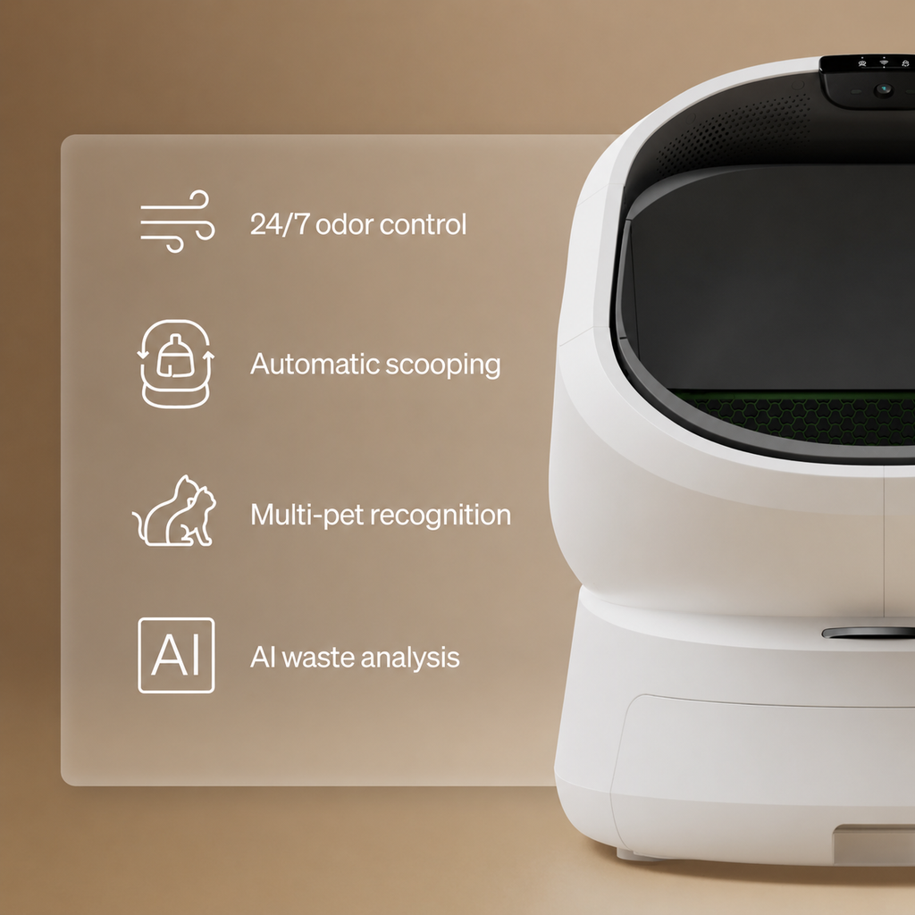 Smart Cat Automatic Self-Cleaning Litter Box with AI Waste Analysis | Odor Control & Multi-Cat Tracking for Health Monitoring