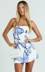 Women's Floral Strapless A-Line Mini Dress, Blue