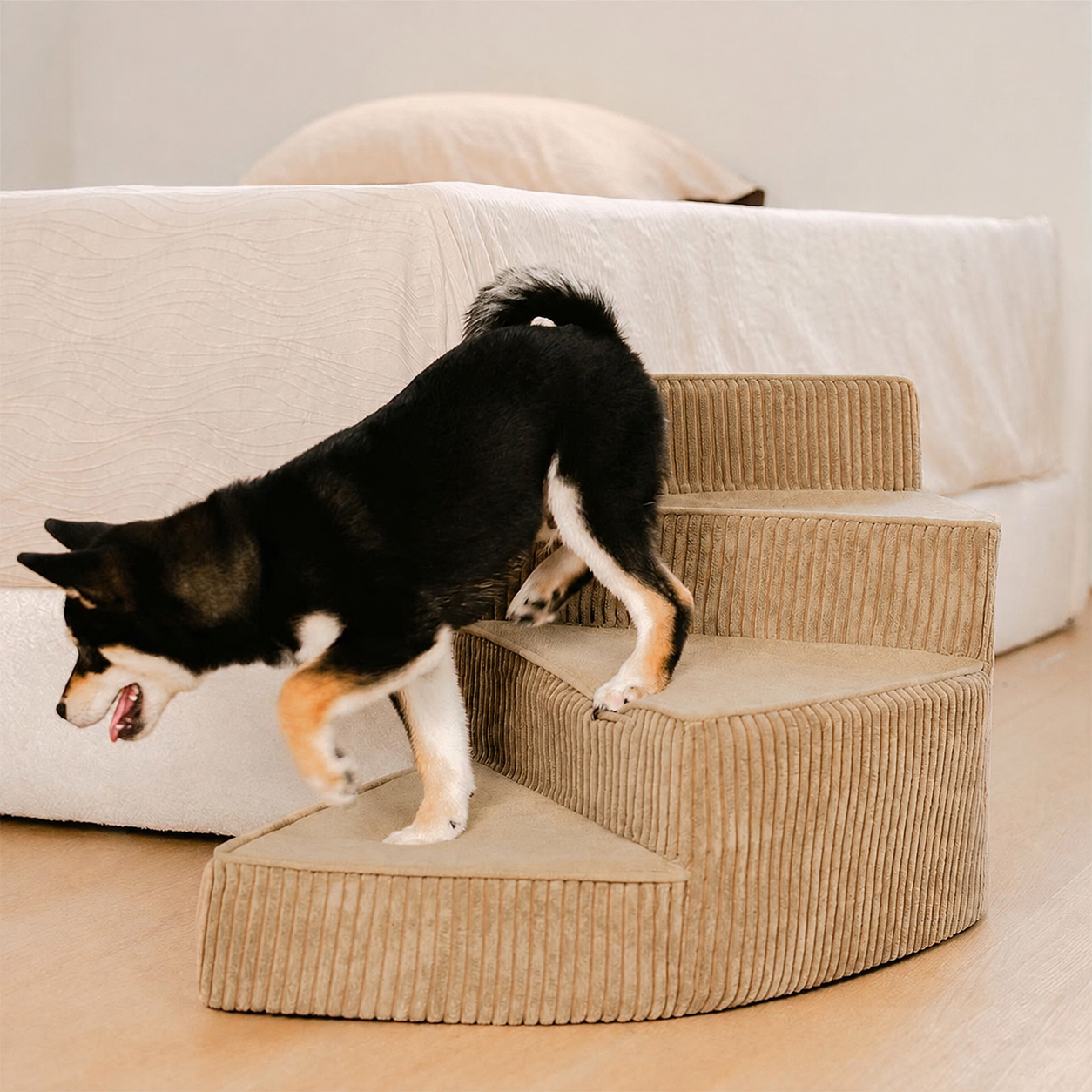 Spiral Dog Stairs for Bed – Corduroy Corner Steps That Hug the Furniture
