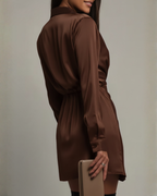 Women's Satin Wrap Mini Dress, Long Sleeves, Collared