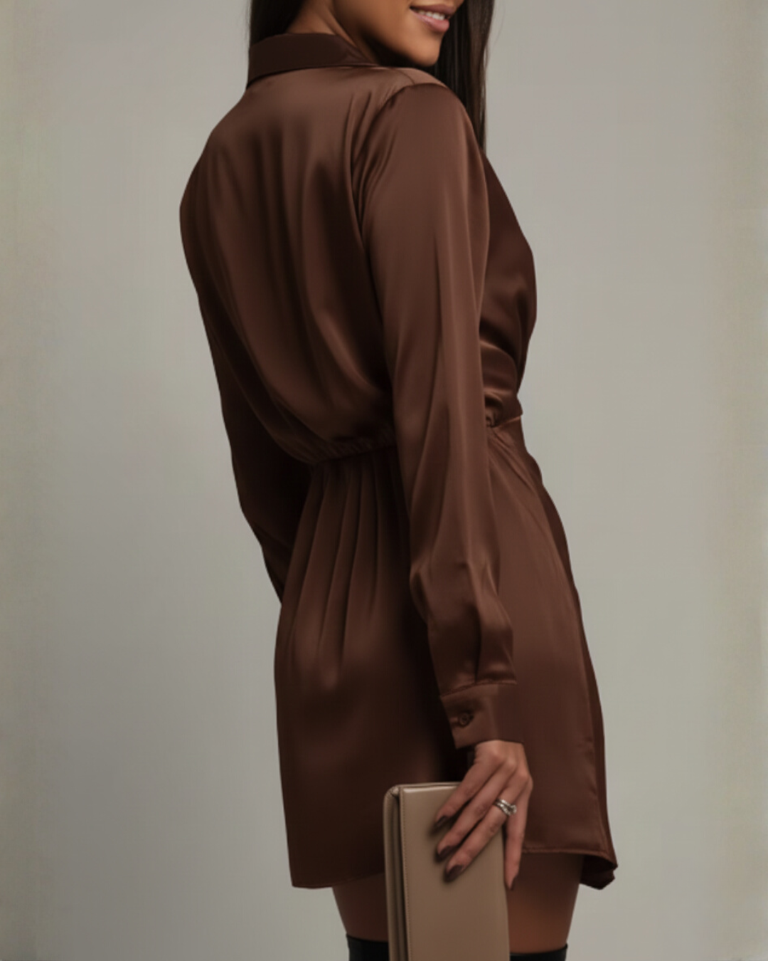 Women's Satin Wrap Mini Dress, Long Sleeves, Collared