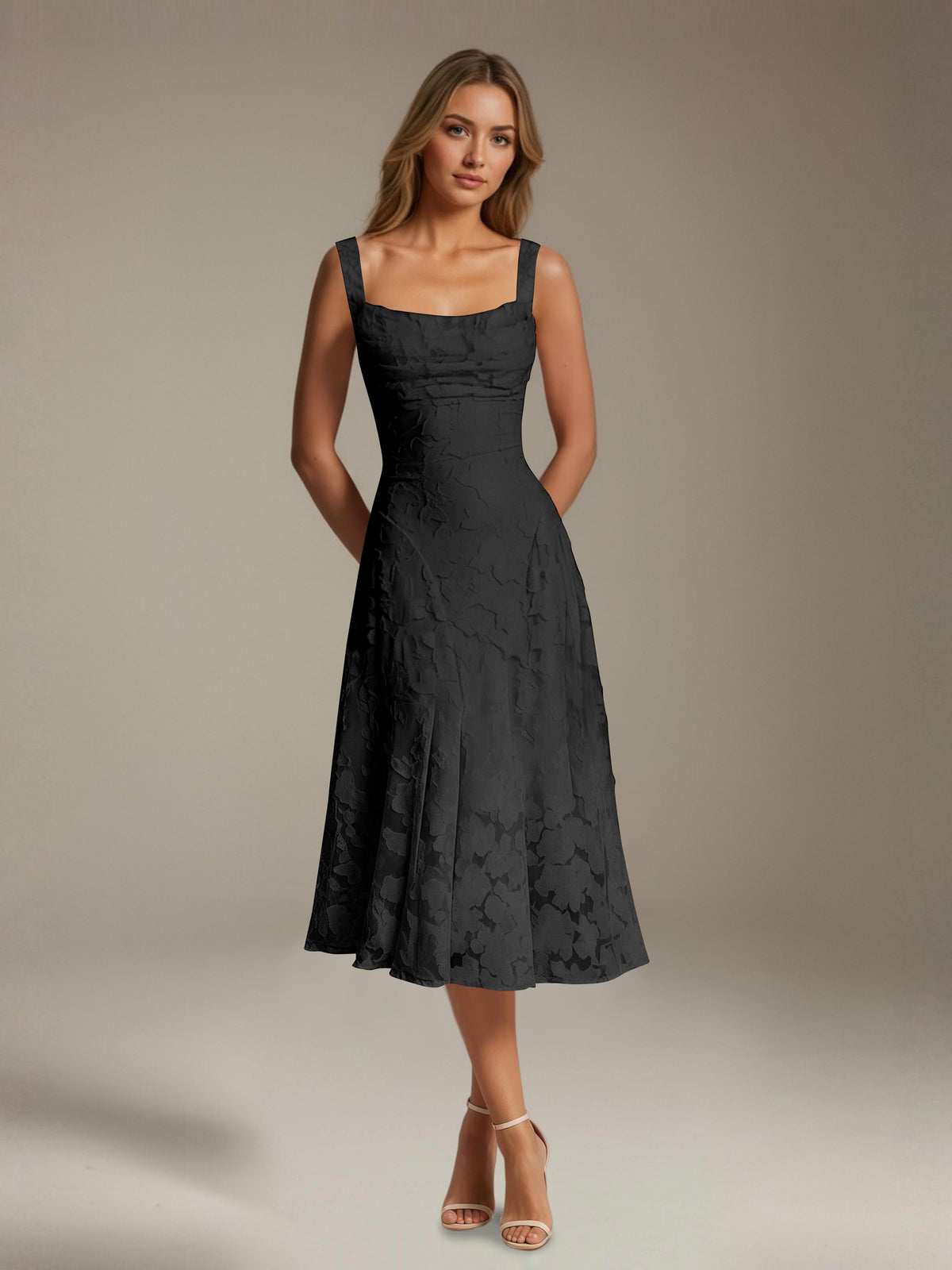 Women's Floral Lace Tea-Length Dress, Square Neck, Sleeveless