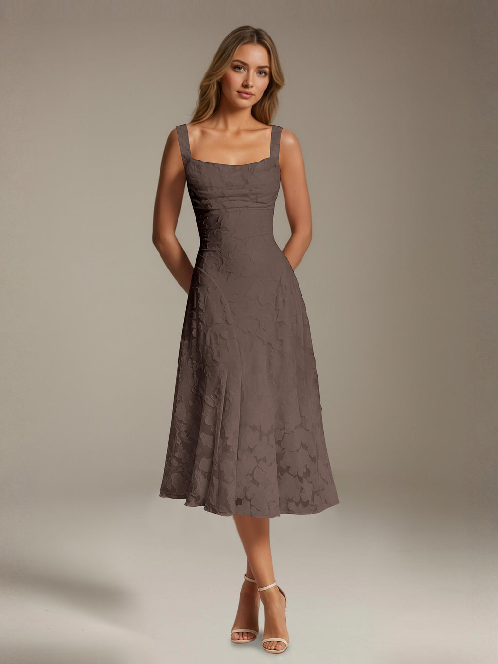 Women's Floral Lace Tea-Length Dress, Square Neck, Sleeveless