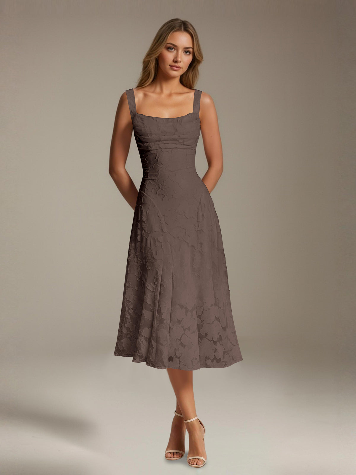 Women's Floral Lace Tea-Length Dress, Square Neck, Sleeveless
