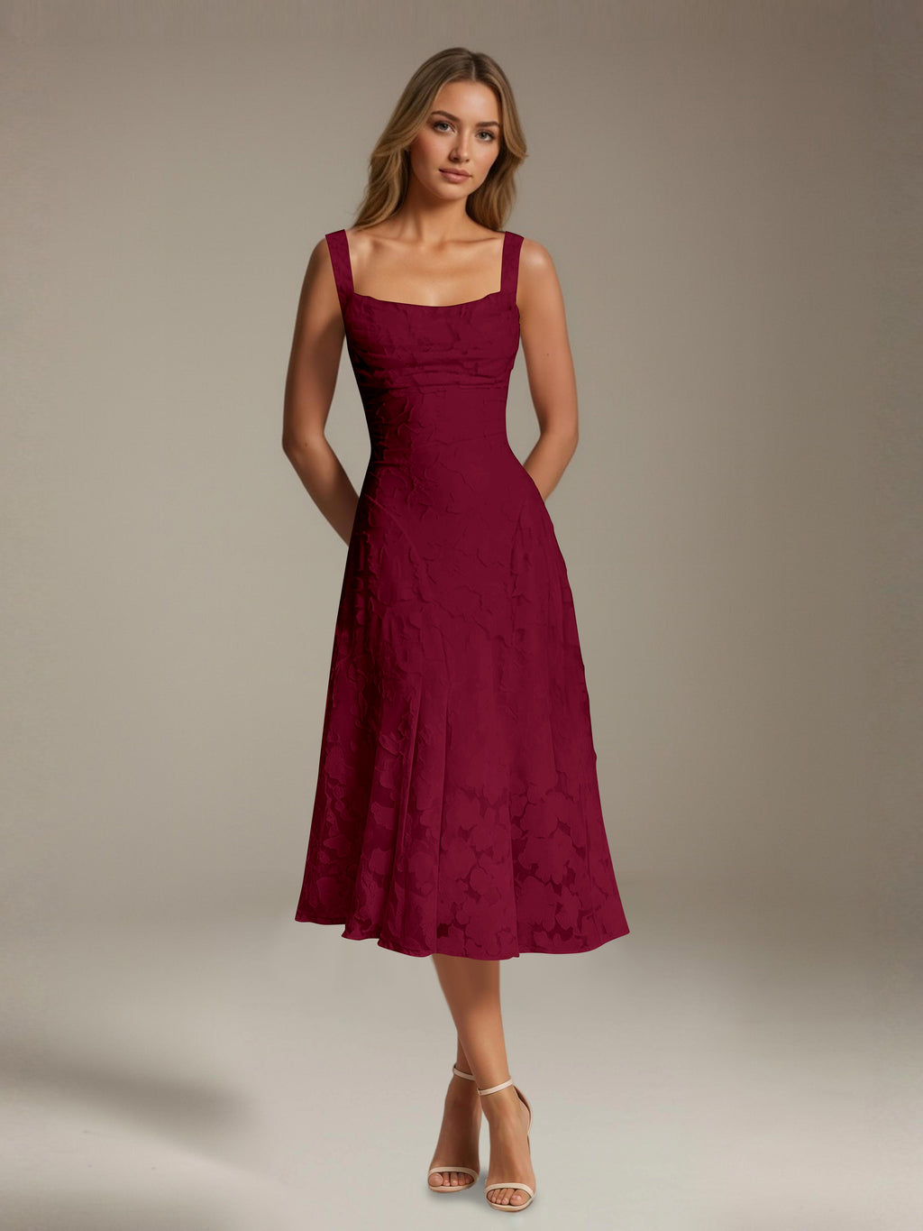 Women's Floral Lace Tea-Length Dress, Square Neck, Sleeveless