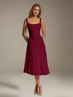 Women's Floral Lace Tea-Length Dress, Square Neck, Sleeveless