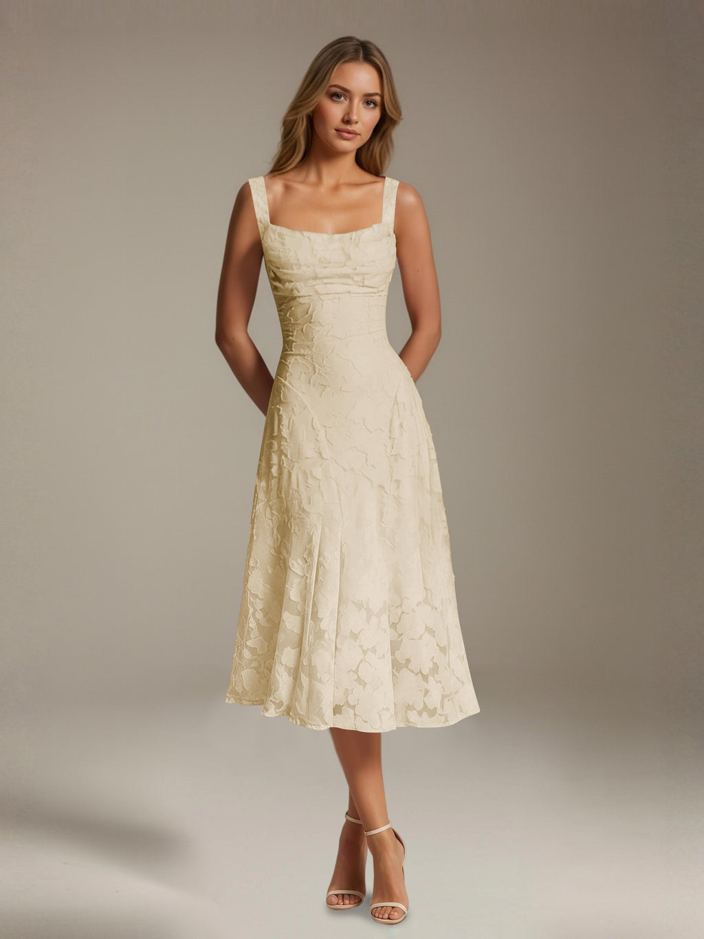 Women's Floral Lace Tea-Length Dress, Square Neck, Sleeveless