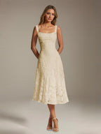 Women's Floral Lace Tea-Length Dress, Square Neck, Sleeveless