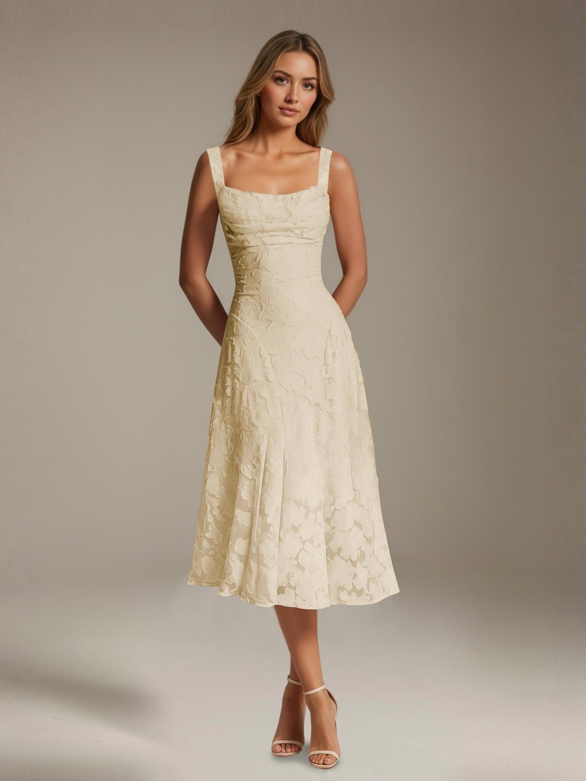 Women's Floral Lace Tea-Length Dress, Square Neck, Sleeveless