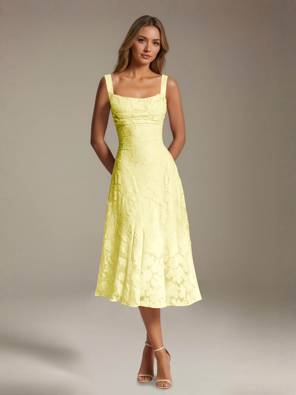 Women's Floral Lace Tea-Length Dress, Square Neck, Sleeveless