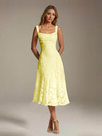 Women's Floral Lace Tea-Length Dress, Square Neck, Sleeveless