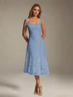 Women's Floral Lace Tea-Length Dress, Square Neck, Sleeveless