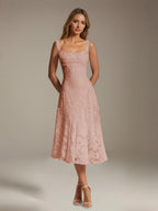 Women's Floral Lace Tea-Length Dress, Square Neck, Sleeveless
