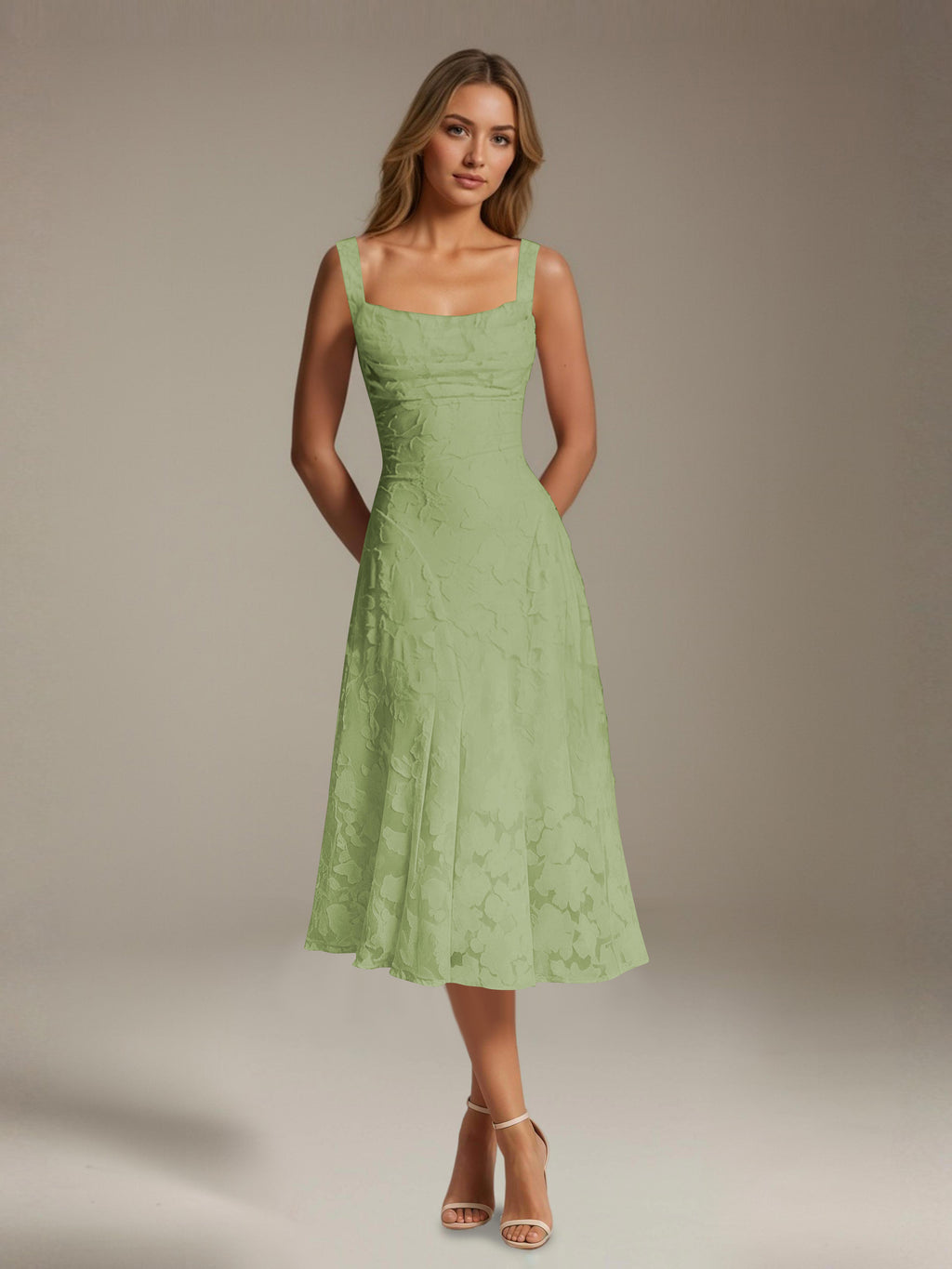 Women's Floral Lace Tea-Length Dress, Square Neck, Sleeveless
