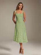 Women's Floral Lace Tea-Length Dress, Square Neck, Sleeveless