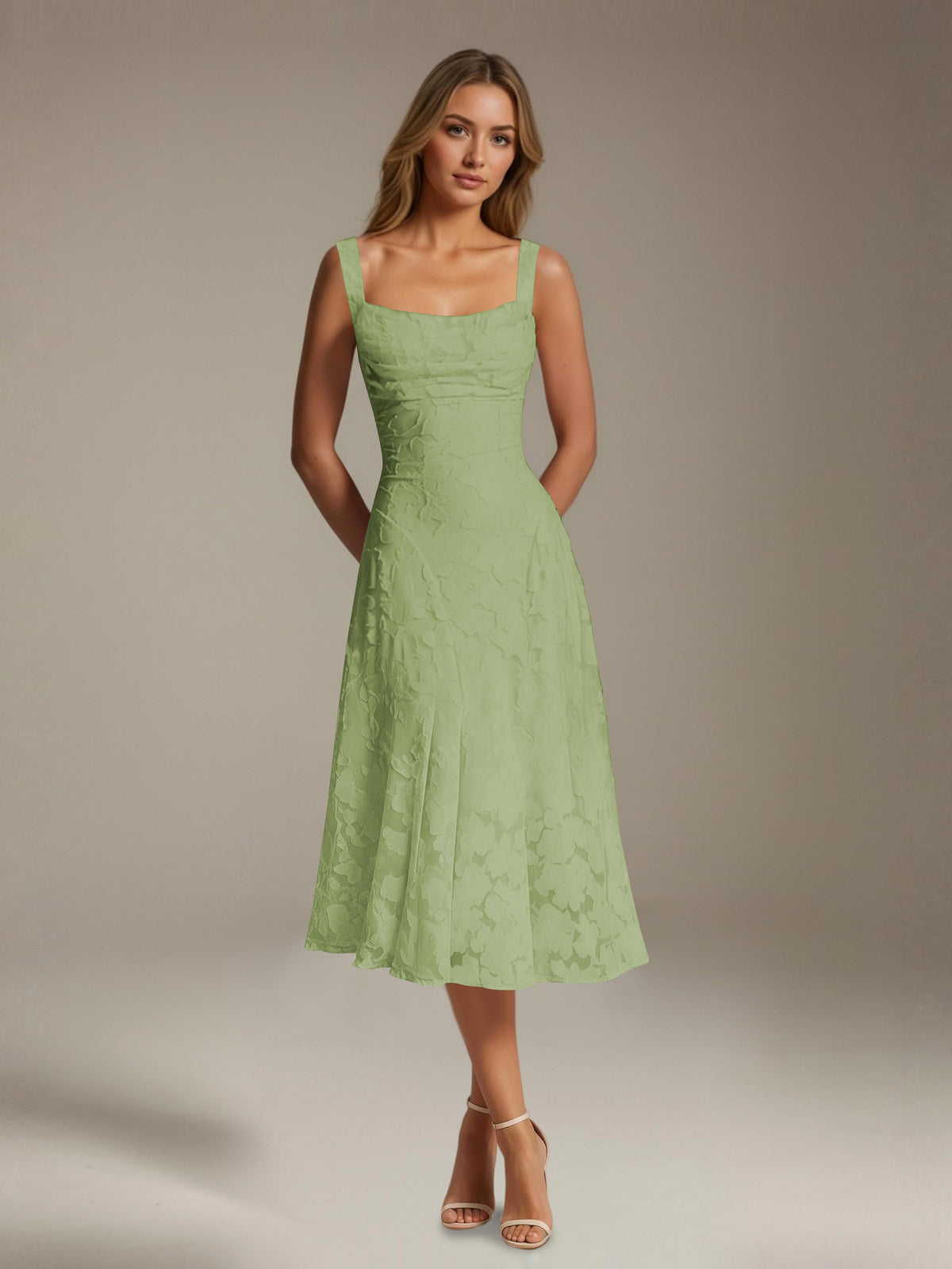 Women's Floral Lace Tea-Length Dress, Square Neck, Sleeveless